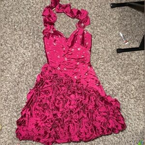 Mori Lee Hot Pink Halter Cocktail Dress with Embellished Bodice